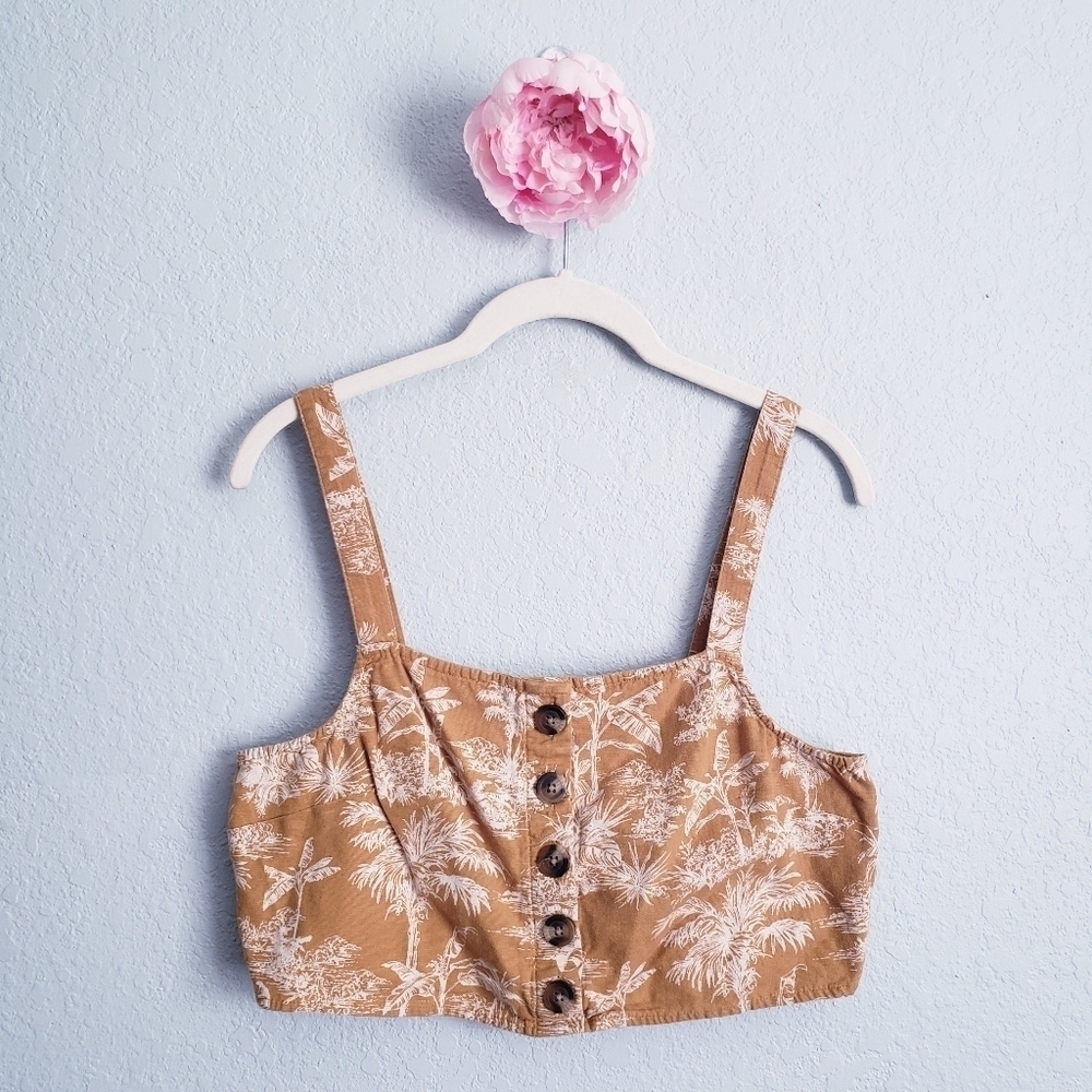 American Eagle Mustard Linen Tropical Palm Button Crop Top